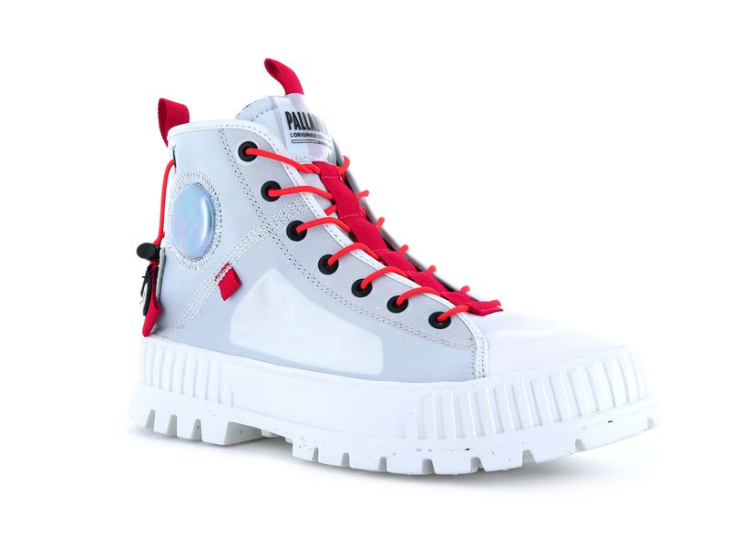 White Women's Palladium Pallashock Mid Ticket To Earth High Tops | 0713PUXRK