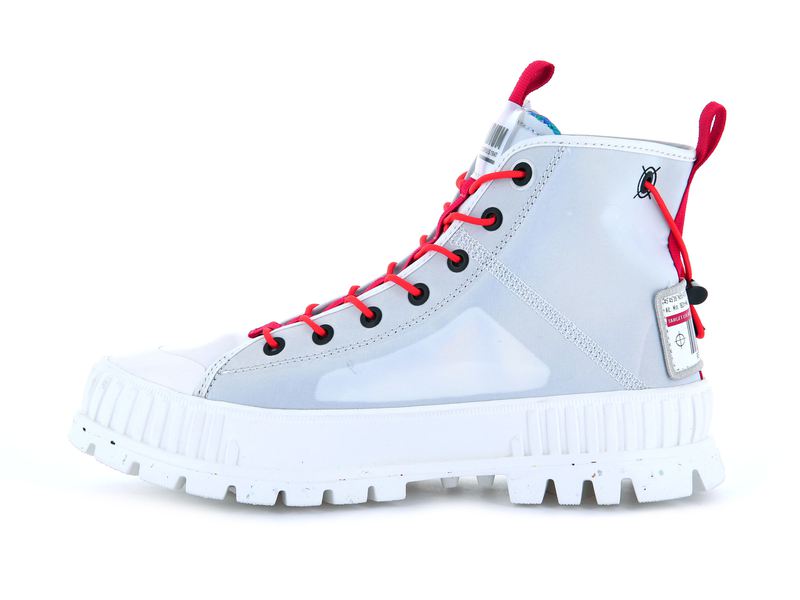 White Women's Palladium Pallashock Mid Ticket To Earth High Tops | 0713PUXRK