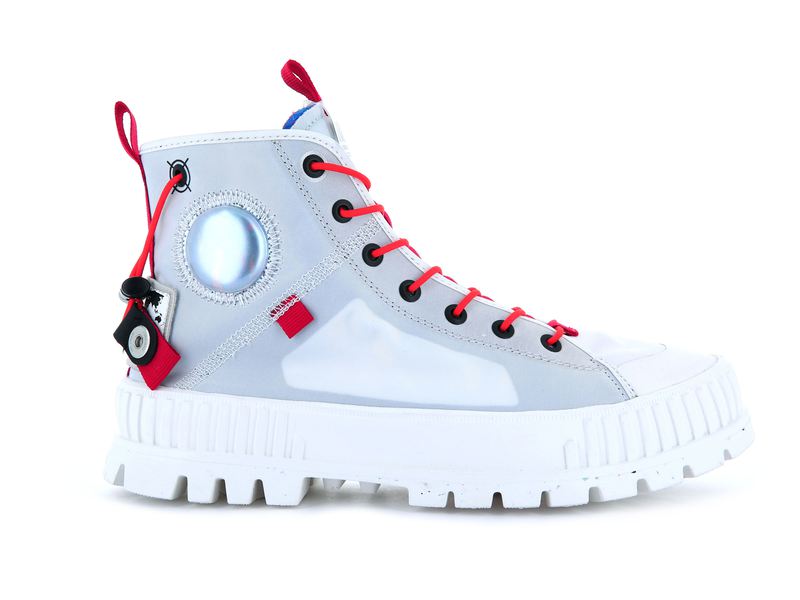 White Women's Palladium Pallashock Mid Ticket To Earth High Tops | 0713PUXRK